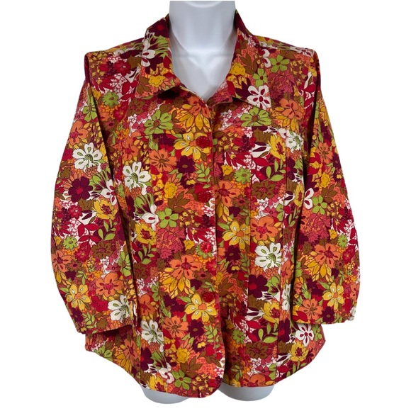 Christopher & Banks Jackets & Blazers - Retro Floral Print Linen Cotton Blend Jacket M Orange Gold